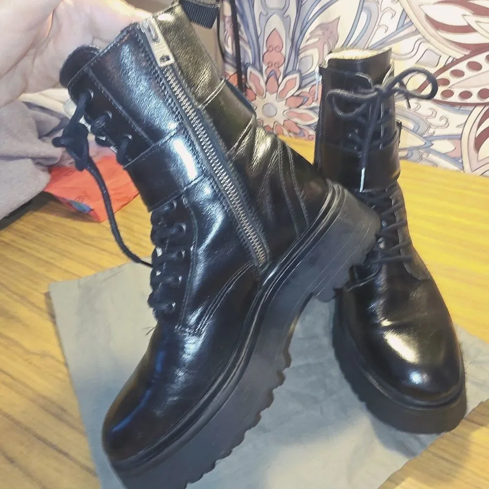 ALLSAINTS Sz 7 ONYX Black Combat Lace Up Zipper Buckle Lug Sole Moto Biker Boots - Picture 8 of 16